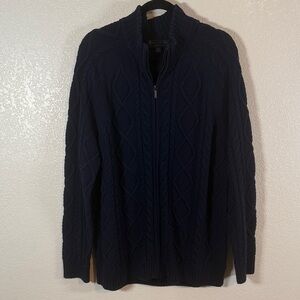 Brooks Brothers Navy Cable Knit Fisherman Sweater Full Zip Merino Wool Size XXL